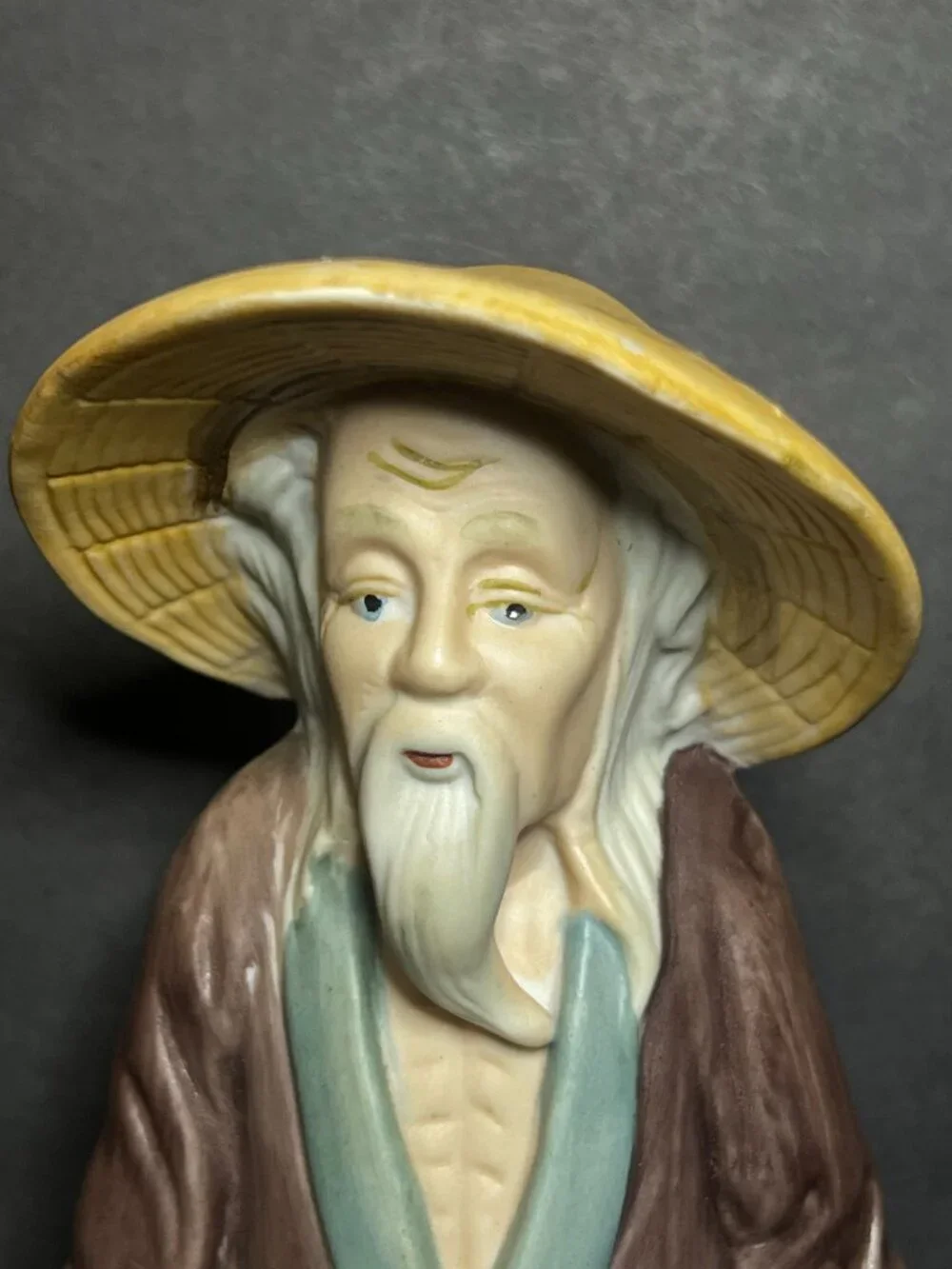 Vintage 1970s Toyo Porcelain Seated Old Asian Man Figurine w/ Palm Leaf Fan
